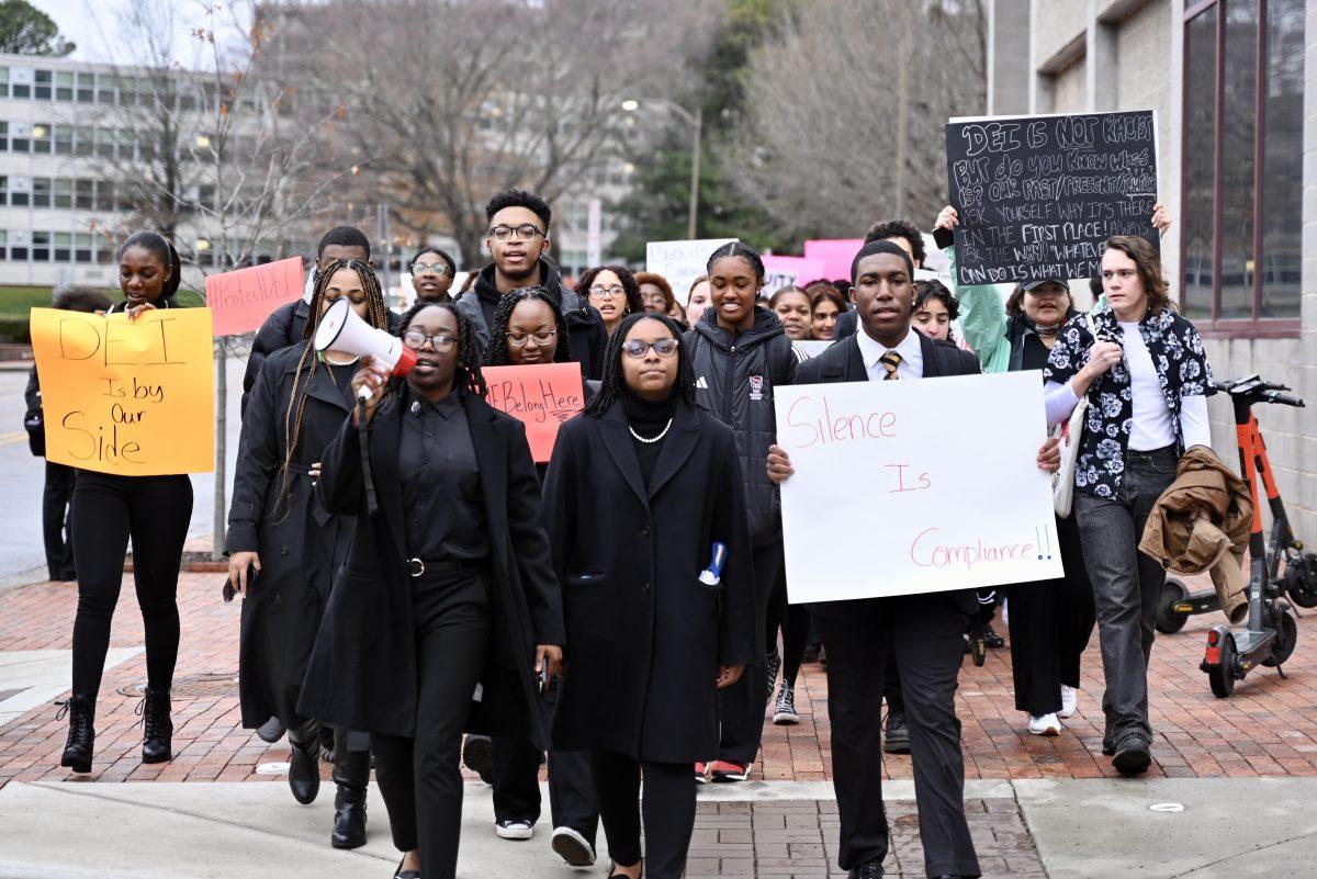 Students march down Cates Avenue on Wednesday, Feb. 12, 2025. Organized by members of the National Pan-Hellenic Council, the march was held in support of DEI. "When they strip DEI from our education, they are telling us that diversity does not matter, that equity is optional and inclusion is negotiable. But we know better," said Nayah McKenzie, a third-year studying criminology and one of the march organizers.