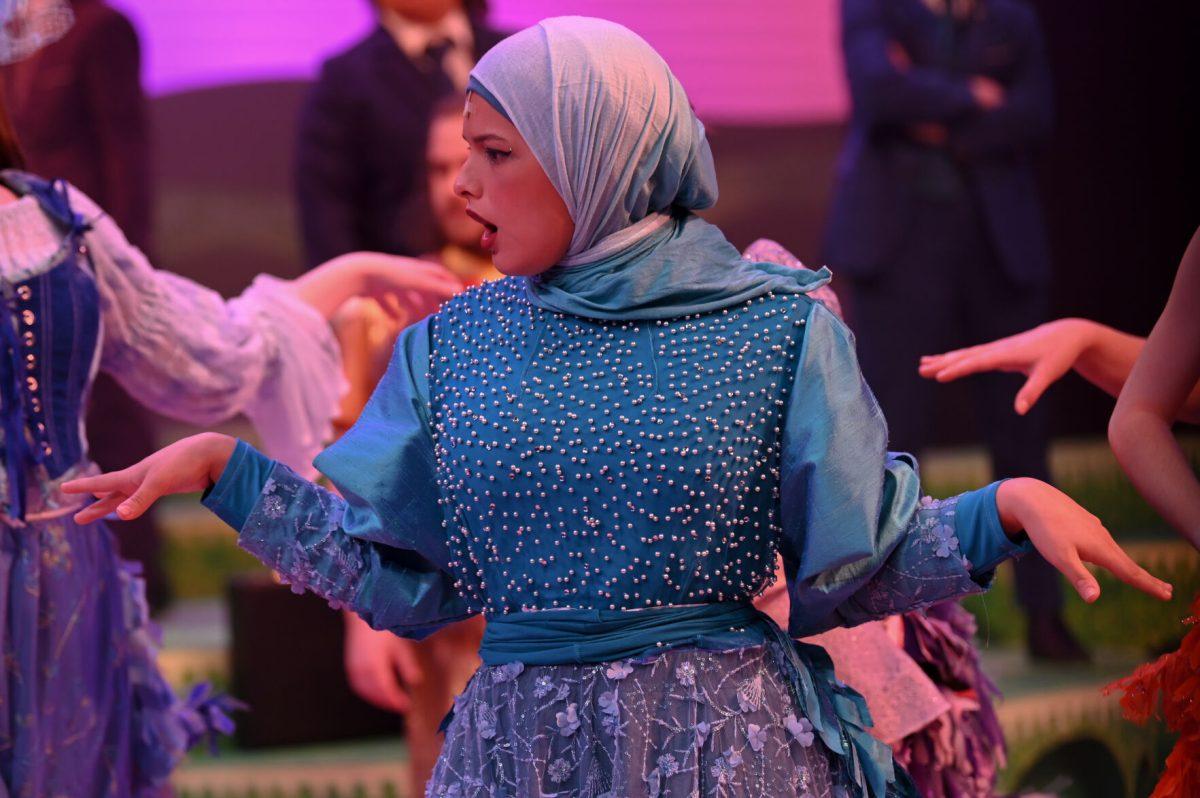 Eyman Sakr, a second-year studying communications, reacts to her castmates during the Seussical Dress Rehearsal at Stewart Theatre on Tuesday, Feb. 18, 2025. The musical runs from Feb. 20-23.
