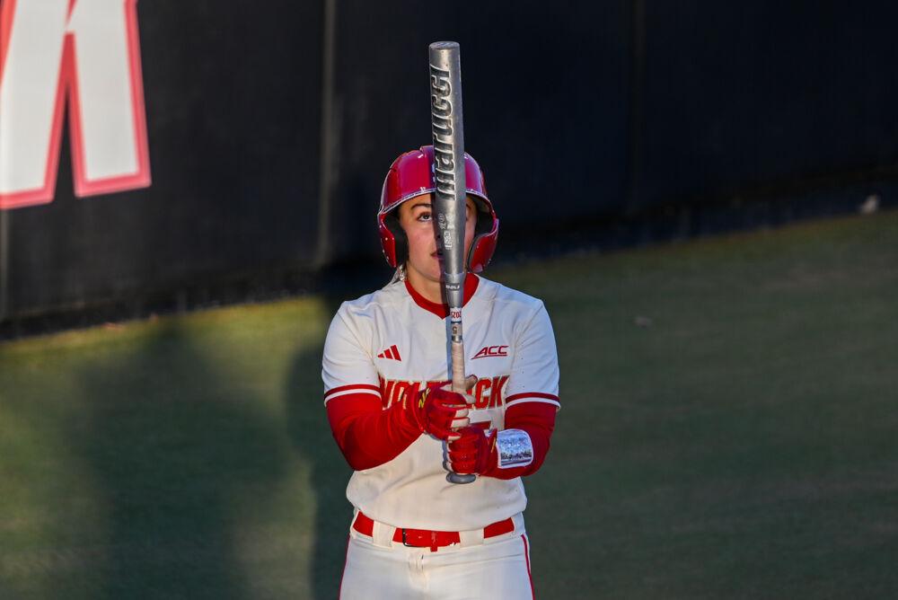 Freshman infielder Kendall Simmers prepares to bat during the game against Northern Colorado in the Marucci Classic at Dail Softball Stadium on Friday, Feb. 21, 2025. Simmers scored three runs for the team. The Wolfpack defeated the Bears 11-1.