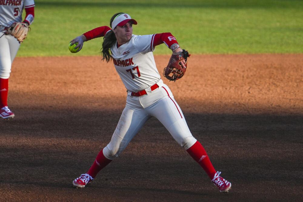 Senior infielder Hannah Goodwins fields the ball for an out at first base during the game against Northern Colorado in the Marucci Classic at Dail Softball Stadium on Friday, Feb. 21, 2025. NC State defeated Northern Colorado 11-1.