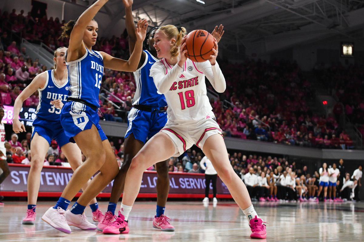 Freshman forward Tilda Trygger defends the ball from her opponent during the Play4Kay game against Duke at Reynolds Coliseum on Monday, Feb. 3, 2025. Trygger scored 5 points for NC State. The Wolfpack beat the Blue Devils 89-83.
