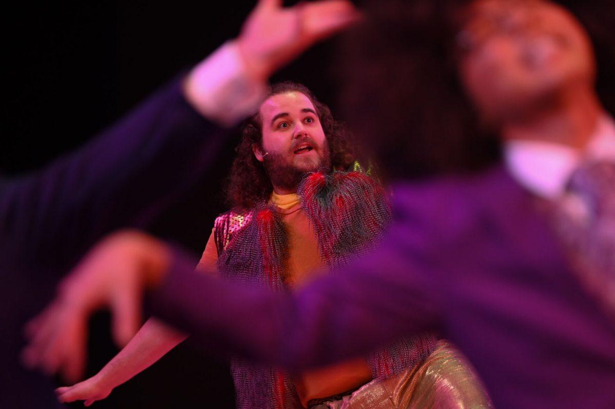 Brayden Hearn, a third-year in art studies, performs choreography as part of the ensemble during the Seussical Dress Rehearsal at Stewart Theatre on Tuesday, Feb. 18, 2025. The musical runs from Feb. 20-23. It is based on the characters of Dr. Seuss and explores themes of friendship, loyalty and community.