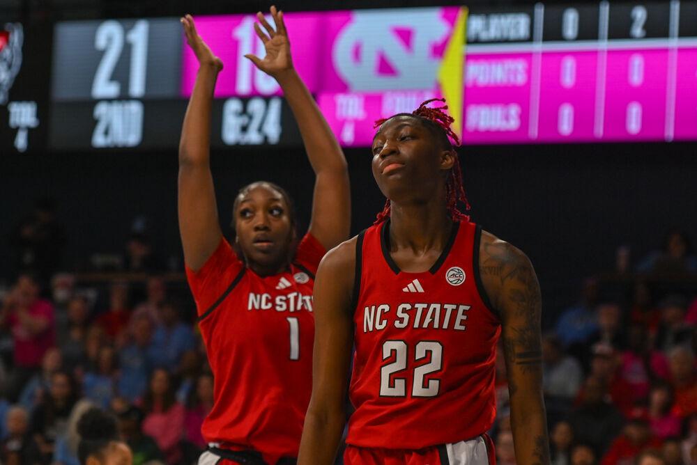 Senior guard Saniya Rivers frowns after a call during the game against UNC-Chapel Hill in Carmicheal Arena on Sunday, Feb. 16, 2025. Rivers was second in scoring with 14 points and made 12 rebounds. NC State lost to Chapel Hill 66-65.