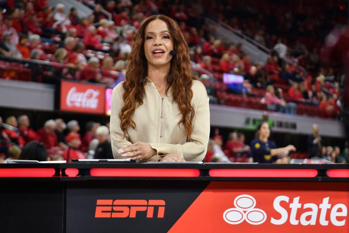 College Gameday host, Elle Duncan, speaks from the ESPN set in Reynolds Coliseum for NC State's game against the number one ranked Notre Dame on Sunday, Feb. 23, 2025. The Wolfpack beat the Fighting Irish 104-95 in double overtime.