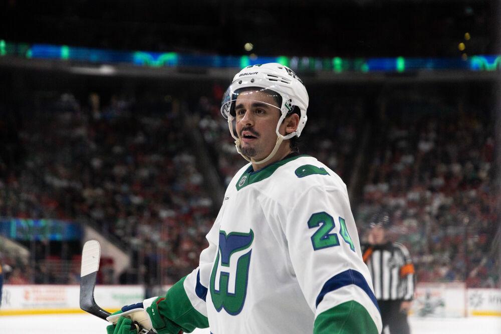 Center Seth Jarvis looks excited during the Whalers Night game versus the Buffalo Sabres&#160;at the Lenovo Center on Thursday, Feb. 27, 2025. The Hurricanes beat the Sabres&#160;5-2.