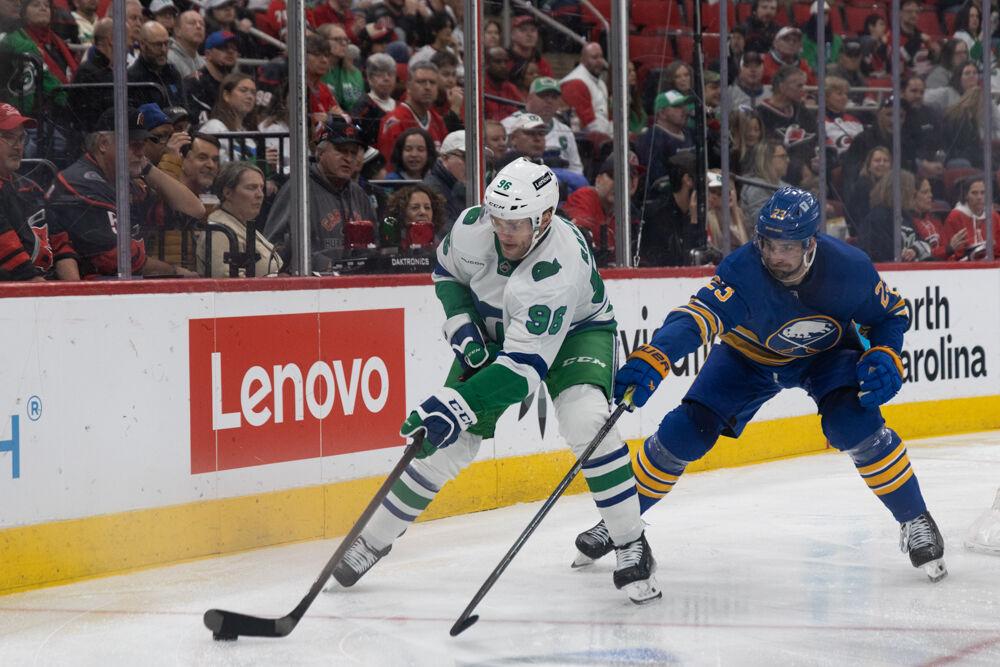 Right wing Mikko Rantanen skates past a defender during the Whalers Night game versus the Buffalo Sabres&#160;at the Lenovo Center on Thursday, Feb. 27, 2025. Rantanen scored one goal during the game. The Hurricanes beat the Sabres&#160;5-2.