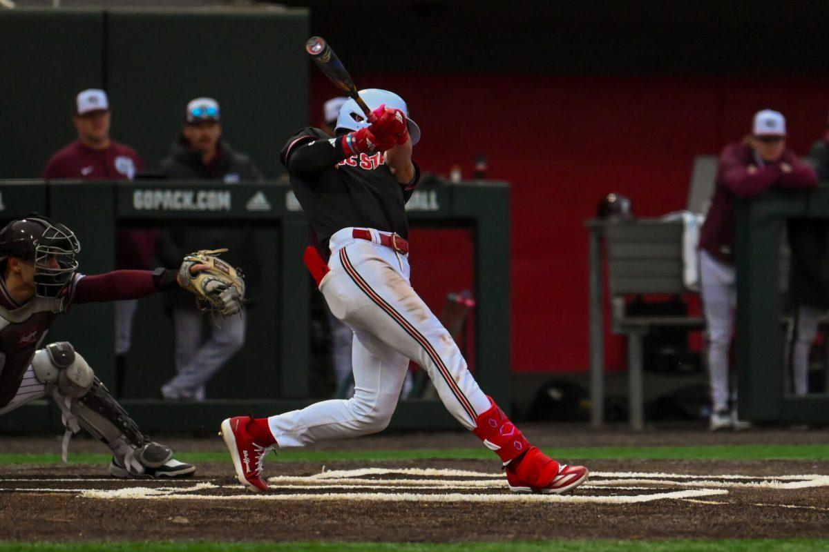 Sophomore infielder Luke Nixon swings during the game against Fordham on Feb. 15, 2025 at Doak Field at Dail Park. Nixon scored two runs and had one hit. The Wolfpack defeated the Rams 19-6.