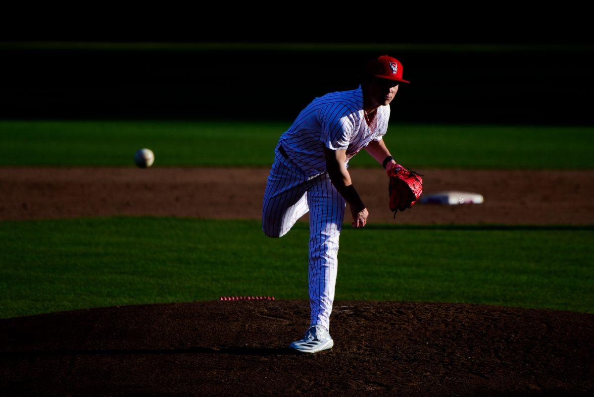 Sophomore right-handed pitcher Heath Andrews deals home during the game against Fordham in Doak at Dail Park on Friday, Feb. 14, 2025. Andrews tallied five strikeouts in five innings. NC State beat Fordham 12-2 (7).