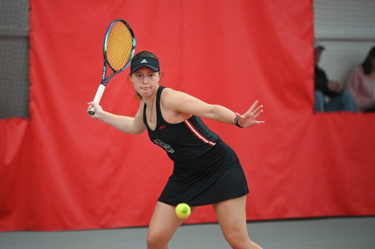 Junior Anna Zyryanova prepares to forehand the ball during the match against Michigan at J.W. Isenhour Tennis Center on Friday, Feb. 14, 2025. Zyryanova lost her singles match 2-1. NC State defeated Michigan 5-2.