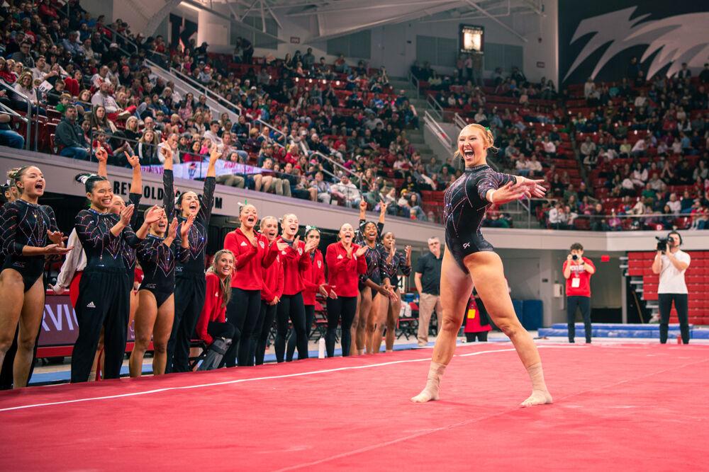 Graduate Krista Zultevicz strikes a pose during the meet against California in Reynolds Coliseum on Sunday, Feb. 2, 2025. Zultevicz scored 9.750 points in the floor routine. The Wolfpack lost to the Bears 197.175-196.550