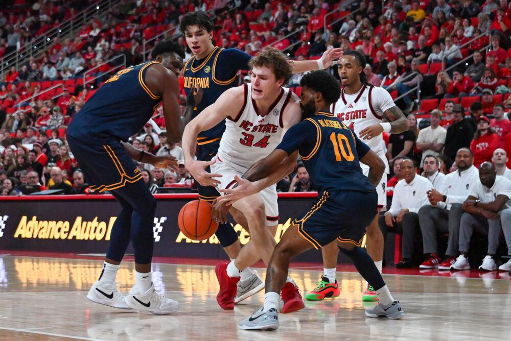 Senior forward Ben Middlebrooks loses the ball during the game against California in the Lenovo Center on Saturday, Jan. 18, 2025. Middlebrooks scored 11 points, on top of making four rebounds and one block. The Wolfpack lost to the Golden Bears 65-62.