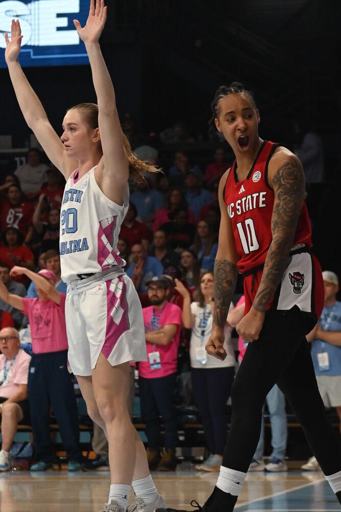 Senior guard Aziaha James celebrates after making a layup during the game against UNC-Chapel Hill in Carmicheal Arena on Sunday, Feb. 16, 2025. James led in scoring with 16 points and made 12 rebounds. NC State lost to Chapel Hill 66-65.