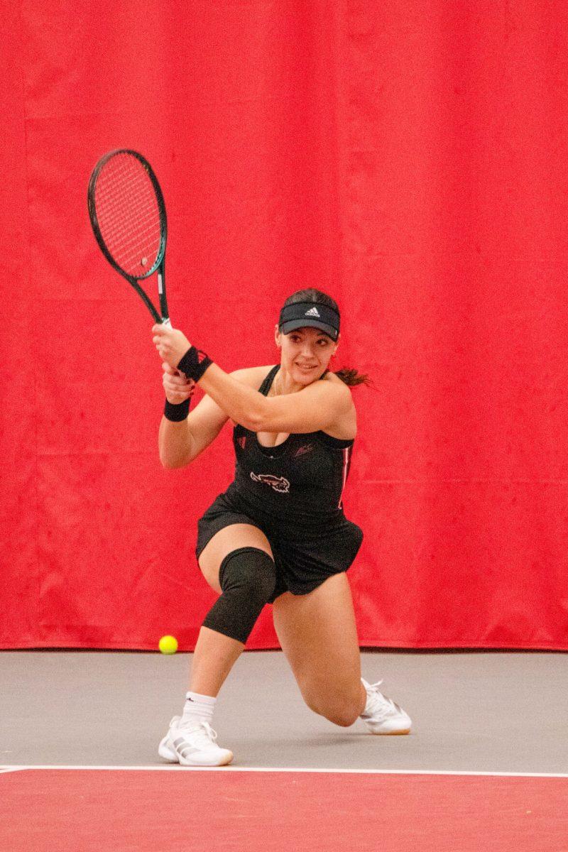 Freshman Michaela Laki during the match against Michigan at J.W. Isenhour Tennis Center on Friday, Feb. 14, 2025. Laki lost her singles match 2-0. NC State beat Michigan 5-2.