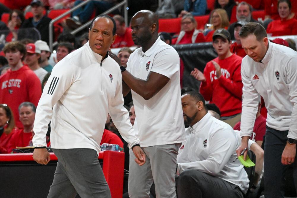Head coach Kevin Keatts storms down the court during the game against Boston College in the Lenovo Center on Saturday, Feb. 15, 2025. The Wolfpack beat the Eagles 70-62.