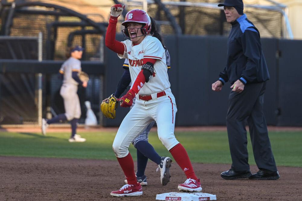 Senior infielder Taylor Ensley celebrates towards the dugout after hitting a double during one of the Marucci Classic games against Northern Colorado at Dail Softball Stadium on Friday, Feb. 21, 2025. Ensley scored one home-run. NC State defeated Northern Colorado 11-1.