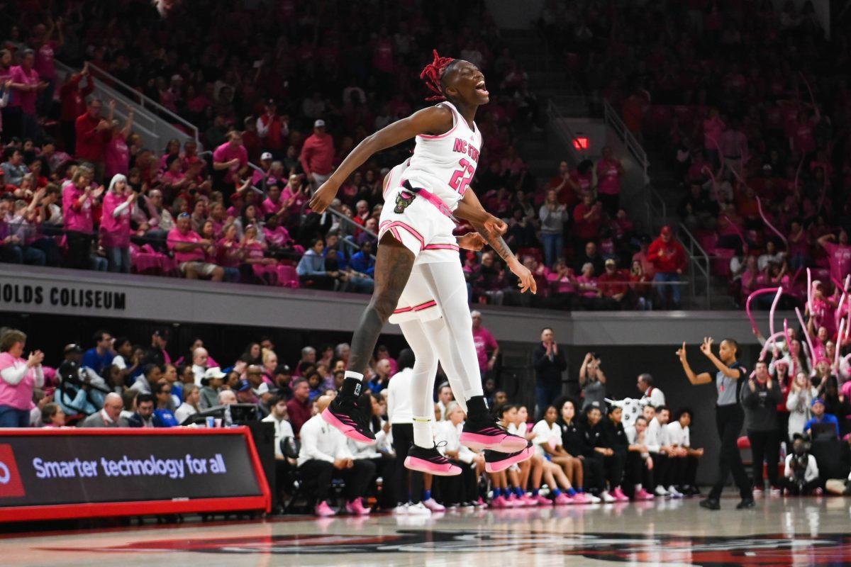 Senior guard Saniya Rivers does a celebratory jump during the Play4Kay game against Duke at Reynolds Coliseum on Monday, Feb. 3, 2025. Rivers scored 13 points for NC State. The Wolfpack beat the Blue Devils 89-83.