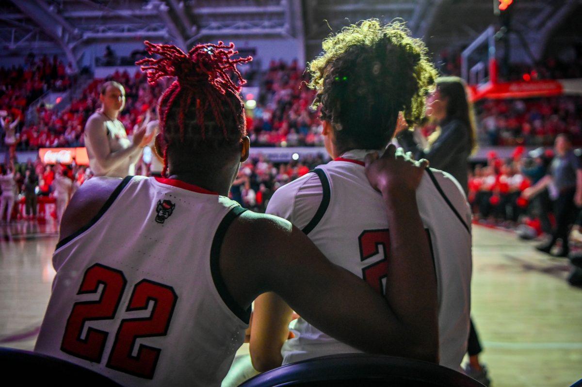 Senior guard Saniya Rivers and senior guard Madison Hayes prepare for introductions before the game against Wake Forest in Reynolds Coliseum on Thursday, Feb. 27, 2025. The Wolfpack beat the Demon Deacons 78-57 on senior night.