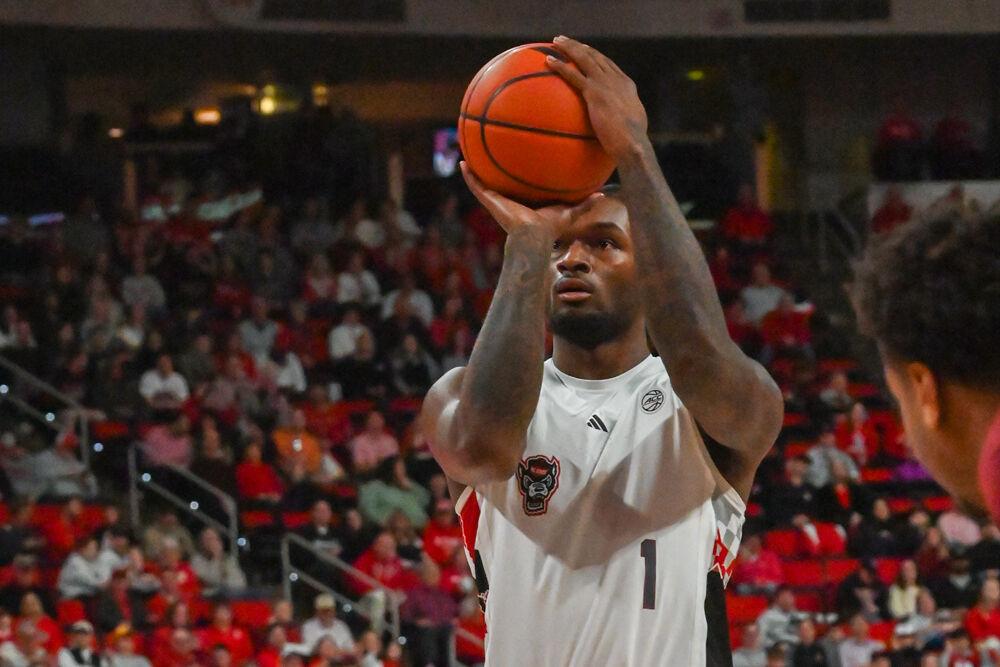 Senior forward Brandon Huntley-Hatfield shoots a free throw during the game against Boston College in the Lenovo Center on Saturday, Feb, 15, 2025. Huntley-Hatfield had 11 points. The Wolfpack beat the Eagles 70-62.