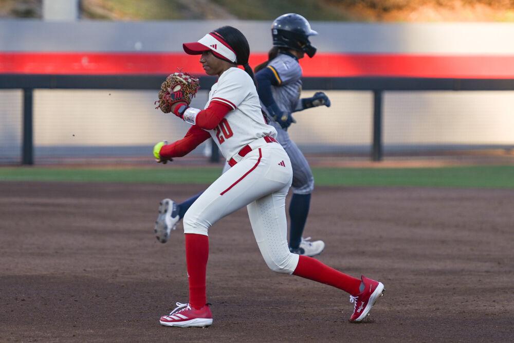 Junior utility player MaKayla Marbury fields the ball for an out to first base during the game against Northern Colorado in the Marucci Classic at Dail Softball Stadium on Friday, Feb. 21, 2025. Marbury had one home-run. NC State defeated Northern Colorado 11-1.