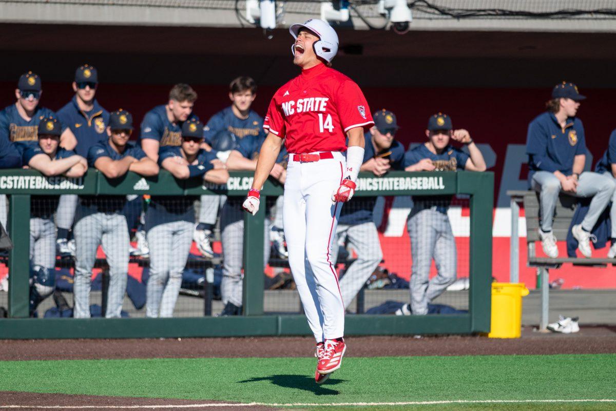 Freshman outfeilder Ty Head celebrates after hitting a grand slam during the game at Doak Feild at Dail Park on Friday, Feb. 28, 2025. Head earned five RBI's including a grand slam. NC State beat Canisius 10-2 in the first game of the series.