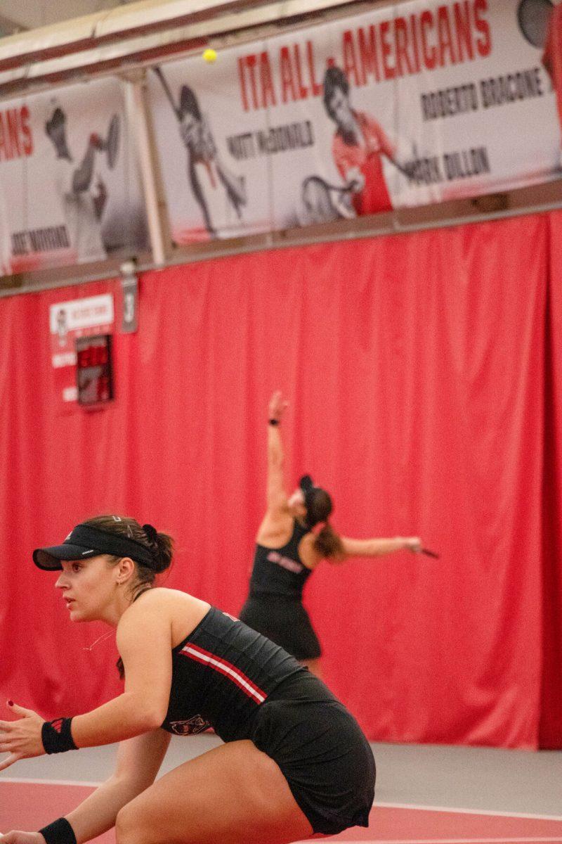Freshman Michaela Laki and junior Anna Zyryanova during the match against Michigan at J.W. Isenhour Tennis Center on Friday, Feb. 14, 2025. Laki lost her singles match 2-0. Zyryanova lost her singles match 2-1. NC State beat Michigan 5-2.