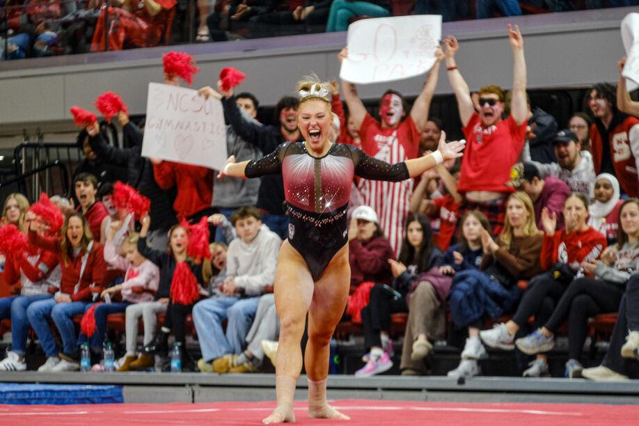 Graduate Krista Zultevicz finishes her floor exercise performance during the meet against UNC-Chapel Hill at Reynolds Coliseum on Friday, Feb. 21, 2025. Zultevicz scored a 9.75 on the floor exercise. NC State beat UNC 197.025-195.500.