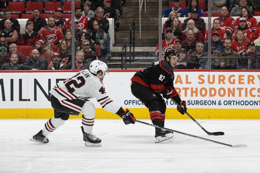 Center Jesperi Kotkaniemi rushes across the ice during the game versus the Chicago Blackhawks at the Lenovo Center on Thursday, Jan 30, 2025. The Hurricanes beat the Blackhawks 3-2.