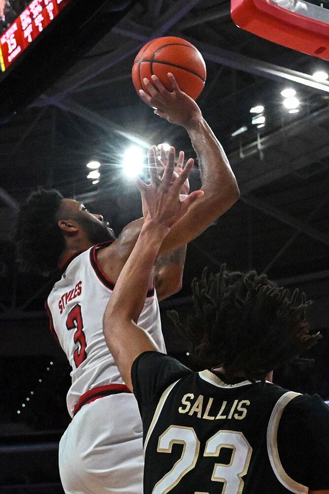 Senior guard Dontrez Styles goes for a layup during the game against Wake Forest at the Lenovo Center on Saturday, Feb. 22, 2025. Styles ended the game with 22 points and 10 rebounds. NC State defeated Wake Forest 85-73.