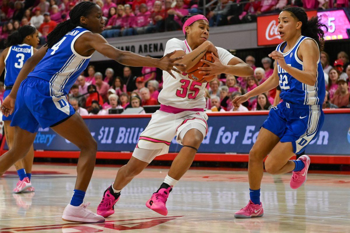 Sophomore guard Zoe Brooks holds onto the ball during the game against Duke in Reynolds Coliseum on Feb. 3, 2025. Brooks scored 15 points during the game and made four rebounds. NC State won the game 89-83.