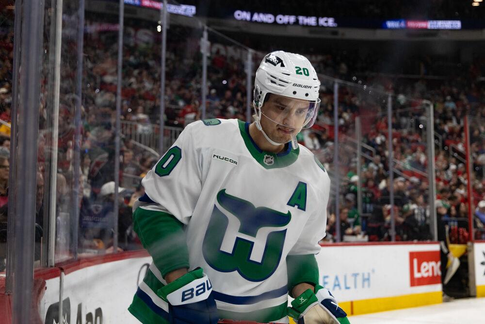 Center Sebastian Aho concentrates during the Whalers Night game versus the Buffalo Sabres&#160;at the Lenovo Center on Thursday, Feb. 27, 2025. Aho scored one goal in the game. The Hurricanes beat the Sabres&#160;5-2.