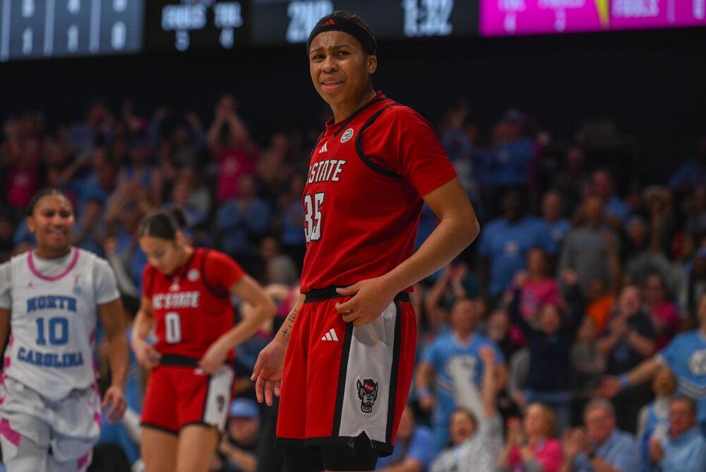Sophomore guard Zoe Brooks looks confused after a play is called during the game against UNC-Chapel Hill in Carmicheal Arena on Sunday, Feb. 16, 2025. Brooks scored 10 points and made six rebounds. NC State lost to UNC-Chapel Hill 66-65.