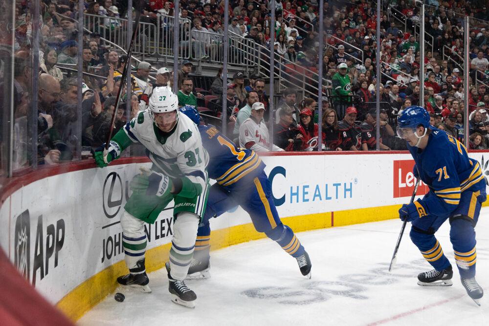 Right wing Andrei Svechnikov blocks the puck during the Whalers Night game versus the Buffalo Sabres&#160;at the Lenovo Center on Thursday, Feb. 27, 2025. Svechnikov had one assist during the game. The Hurricanes beat the Sabres&#160;5-2.