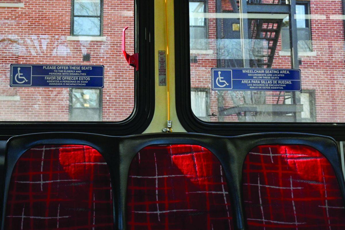 Handicapped seats on the Wolfline Route 30 bus on Friday, Feb. 21, 2025.