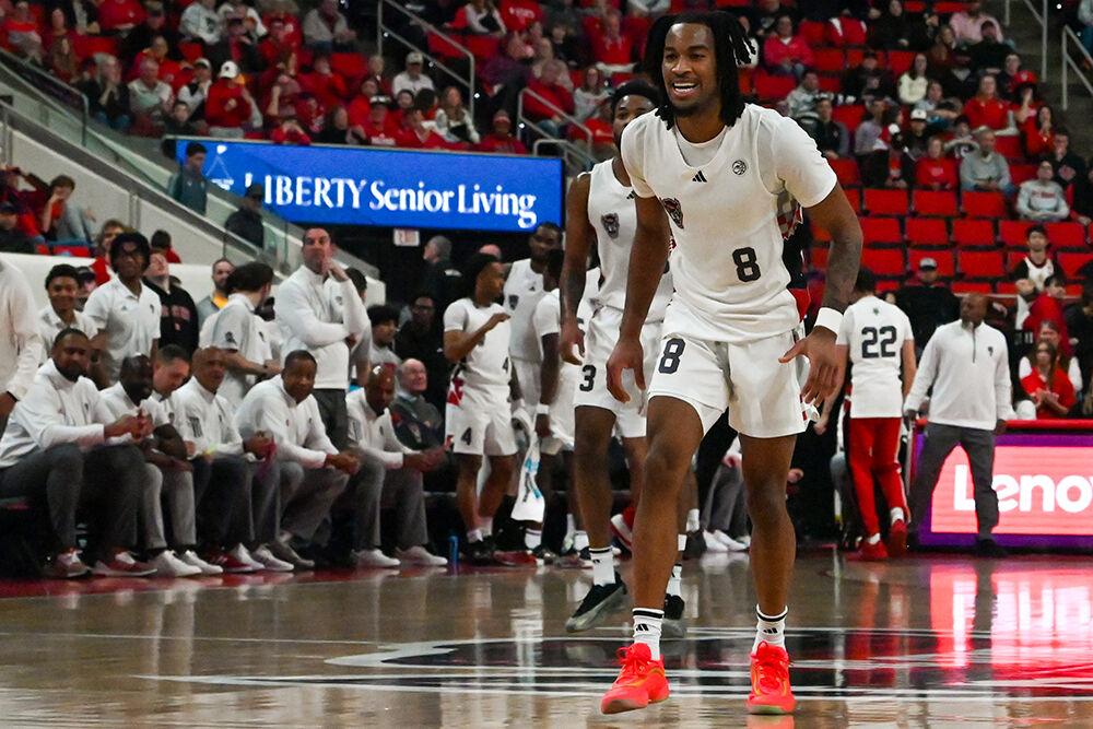 Senior guard Jayden Taylor smiles during the game against Boston College in the Lenovo Center on Saturday, Feb. 15, 2025. Taylor had 19 points and three rebounds. The Wolfpack beat the Eagles 70-62.