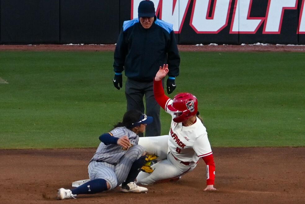 Redshirt junior infielder Michele Tarpey slides into second base during the game against Northern Colorado in the Marucci Classic at Dail Softball Stadium on Friday, Feb. 21, 2025. Tarpey had one stolen base. The Wolfpack defeated the Bears 11-1.