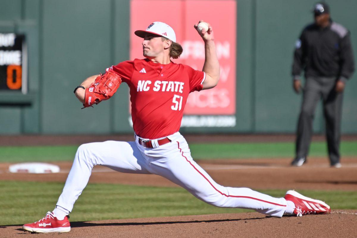 Junior pitcher Dominic Fritton pitches during NC State's game against the Canisius Golden Griffins on Doak Field at Dail Park on Friday, Feb. 28, 2025. Fritton recorded 12 strike outs and gave up two runs, with only one earned, off of six hits on six innings pitched. The Wolfpack beat the Golden Griffins 10-2 to take the first game of the series.