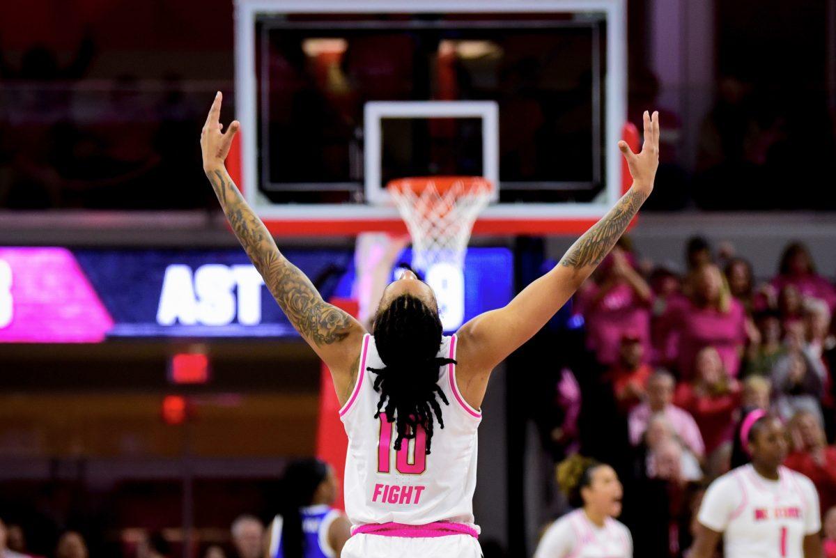 Senior guard Aziaha James soaks in the crowd during the Play4Kay game against Duke in Reynolds Coliseum on Monday, Feb. 3, 2025. James led NC State with 36 points. The Wolfpack beat the Blue Devils 89-83.