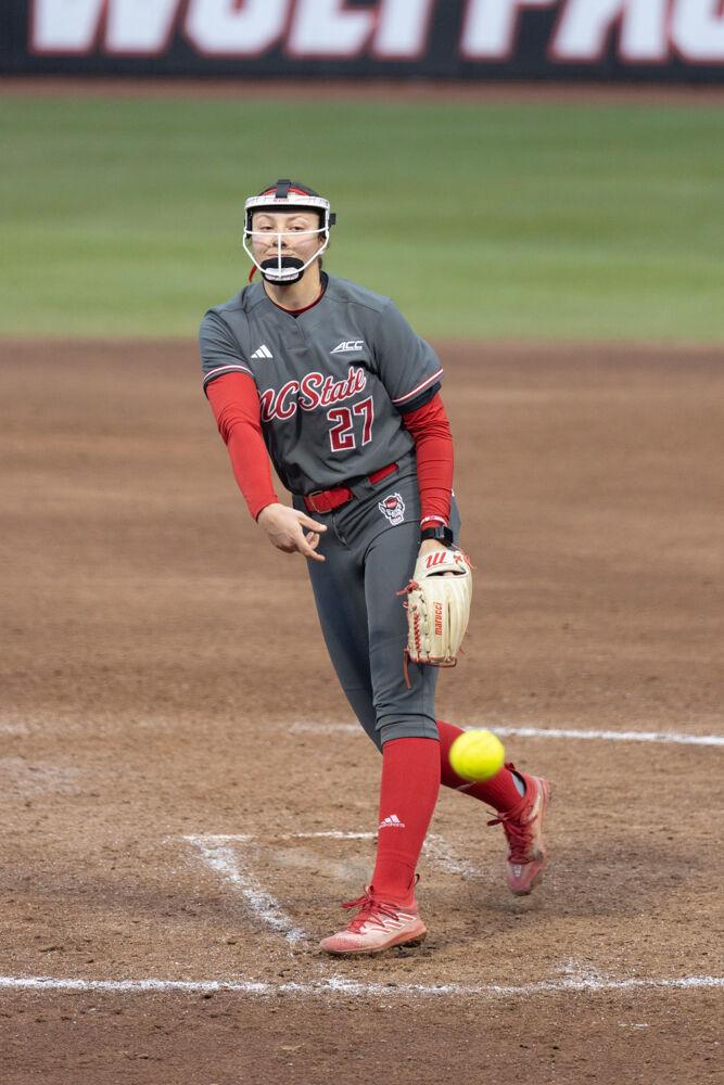 Sophomore pitcher Carly Maxton finishes her pitch during the game against Central Michigan at Dail Softball Stadium on Saturday, Feb. 22, 2025. NC State defeated Central Michigan 6-5.