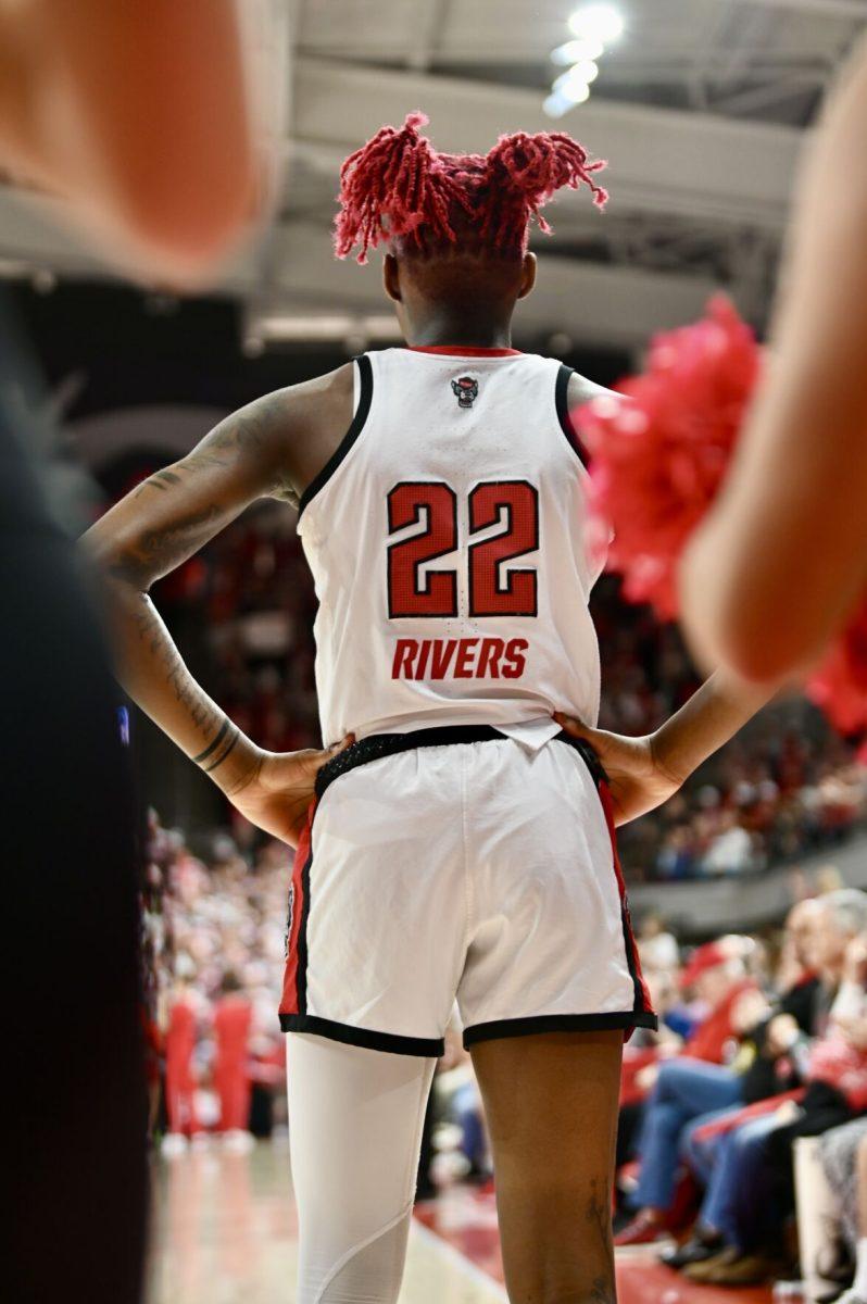 Senior guard Saniya Rivers plants her hands on her hips during a break in play in the game against Notre Dame on Sunday, Feb. 23. NC State won 104-95 in double overtime. Rivers recorded 14 points, 13 rebounds and nine assists.