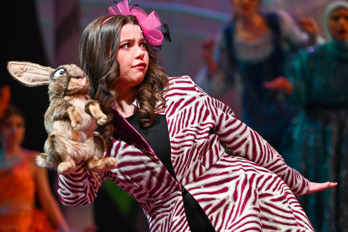 Madeline Core, a third-year studying history, performs as the Sour Kangaroo during "Seussical" in Stewart Theater on Tuesday, Feb. 18, 2025. "Seussical" is runs from Feb. 20-23. The performance explores popular characters by popular children's book writer, Dr. Seuss.