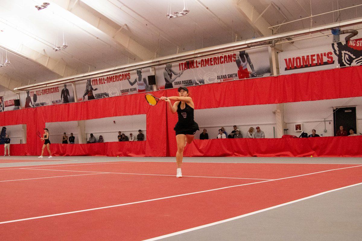 Junior Anna Zyryanova during the match against Michigan at J.W. Isenhour Tennis Center on Friday, Feb. 14, 2025. Zyryanova lost her singles match 2-1. NC State beat Michigan 5-2.