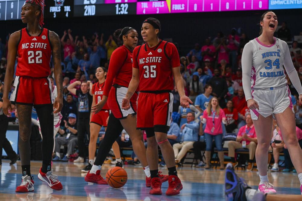 Sophomore guard Zoe Brooks looks confused after a play is called during the game against UNC-Chapel Hill in Carmicheal Arena on Sunday, Feb. 16, 2025. Brooks scored 10 points and made six rebounds. NC State lost to Chapel Hill 66-65.