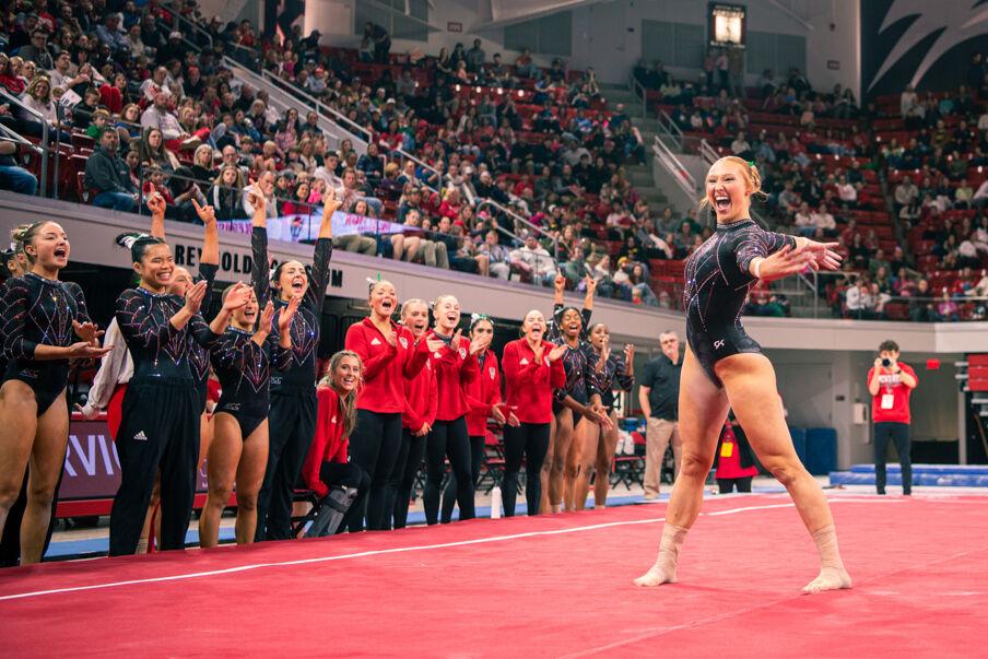 Graduate Krista Zultevicz strikes a pose during the meet against California in Reynolds Coliseum on Sunday, Feb. 2, 2025. Zultevicz scored 9.750 points in the floor routine. The Wolfpack lost to the Bears 197.175-196.550