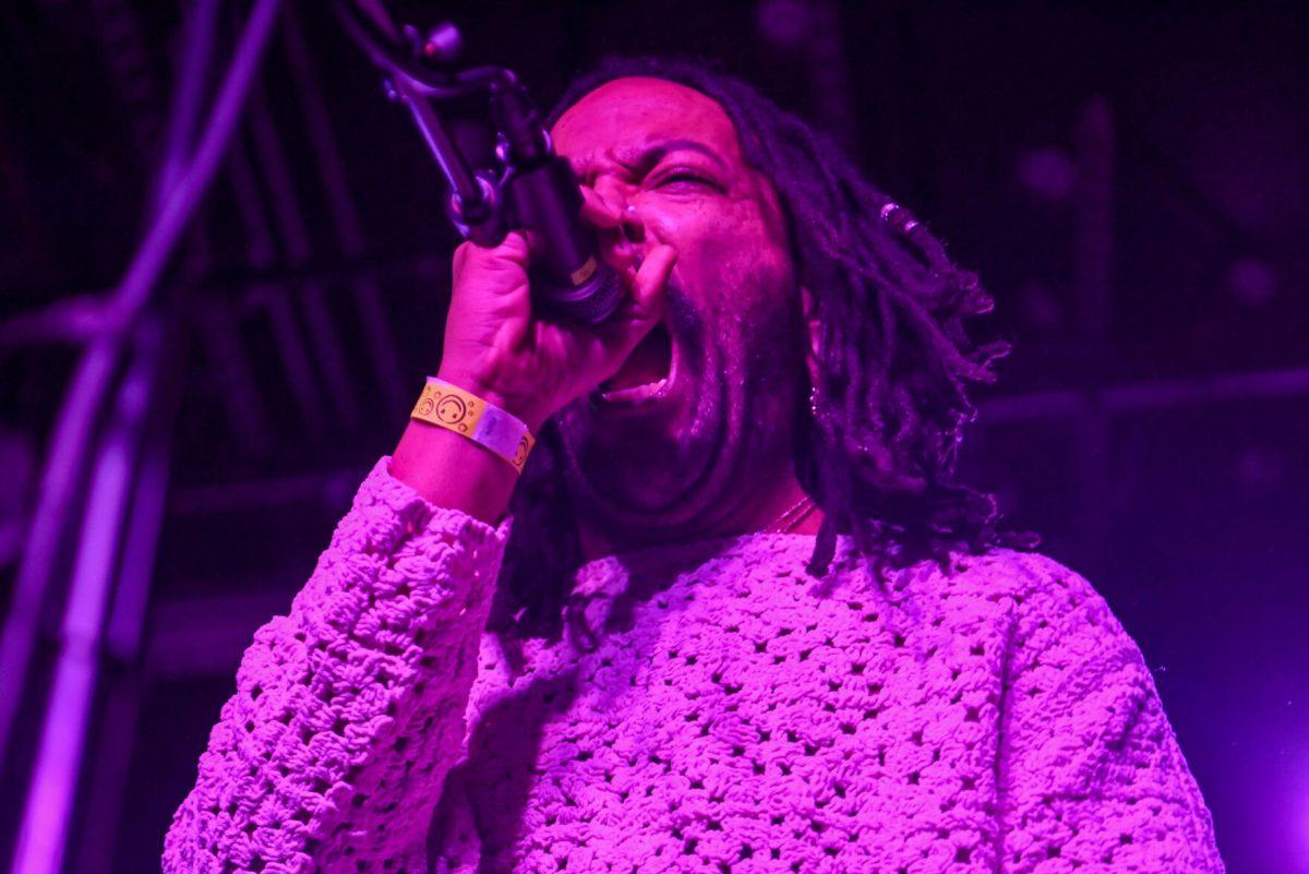 Corey King, the lead vocalist of Memoria, screams into the microphone during the second night of WKNC's Double Barrel Benefit at Kings in Downtown Raleigh on Saturday, Feb. 15, 2025. This year's benefit was headlined by Boy Named Sue and My Sister Maura. Both bands originated in North Carolina.