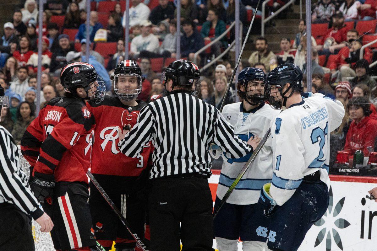 The NC State IcePack and UNC Hockey separated during the Governors Cup against the University of North Carolina at the Lenovo Center on Sunday, Feb. 2, 2025. The Wolfpack beat The Tarheels 4-1.