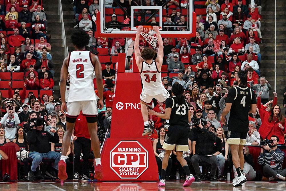 Senior forward Ben Middlebrooks dunks the ball during the game against Wake Forest at the Lenovo Center on Saturday, Feb. 22, 2025. Middlebrooks put up 10 points and seven rebounds. NC State defeated Wake Forest 85-73.