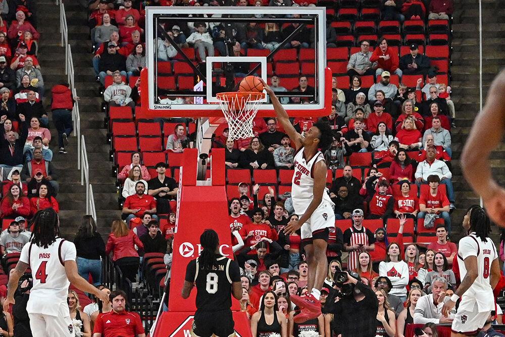 Freshman guard Paul McNeil puts the ball in the basket during the game against Wake Forest at the Lenovo Center on Saturday, Feb. 22, 2025. McNeil led the team in scoring with 24 points. NC State defeated Wake Forest 85-73.