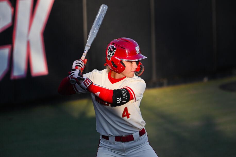 Sophomore infielder and outfielder Tori Einsley waits for the pitch during one of the Marucci Classic games against Northern Colorado at Dail Softball Stadium on Friday, Feb. 21, 2025. Einsley had one stolen base. NC State defeated Northern Colorado 11-1.