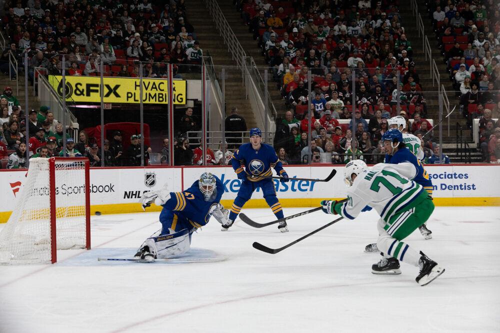 Left wing Taylor Hall scores a goal during the game versus the Buffalo Sabres&#160;at the Lenovo Center on Thursday, Feb. 27, 2025. Hall scored one goal during the game. The Hurricanes beat the Sabres 5-2.