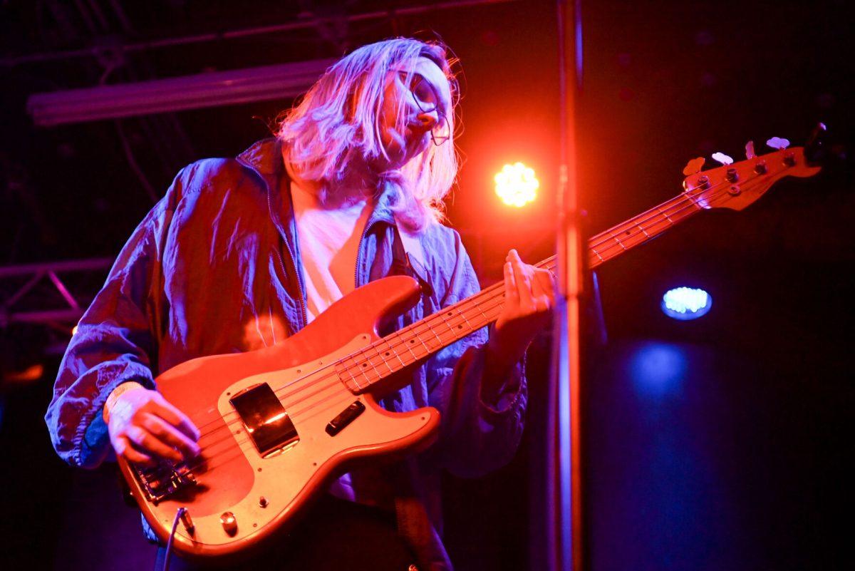 Elijah Hall, bassist of My Sister Maura, performs during the second night of WKNC's Double Barrel Benefit at Kings in Downtown Raleigh on Saturday, Feb. 15, 2025. This year marks the 21st annual benefit. My Sister Maura released their newest album a day prior.